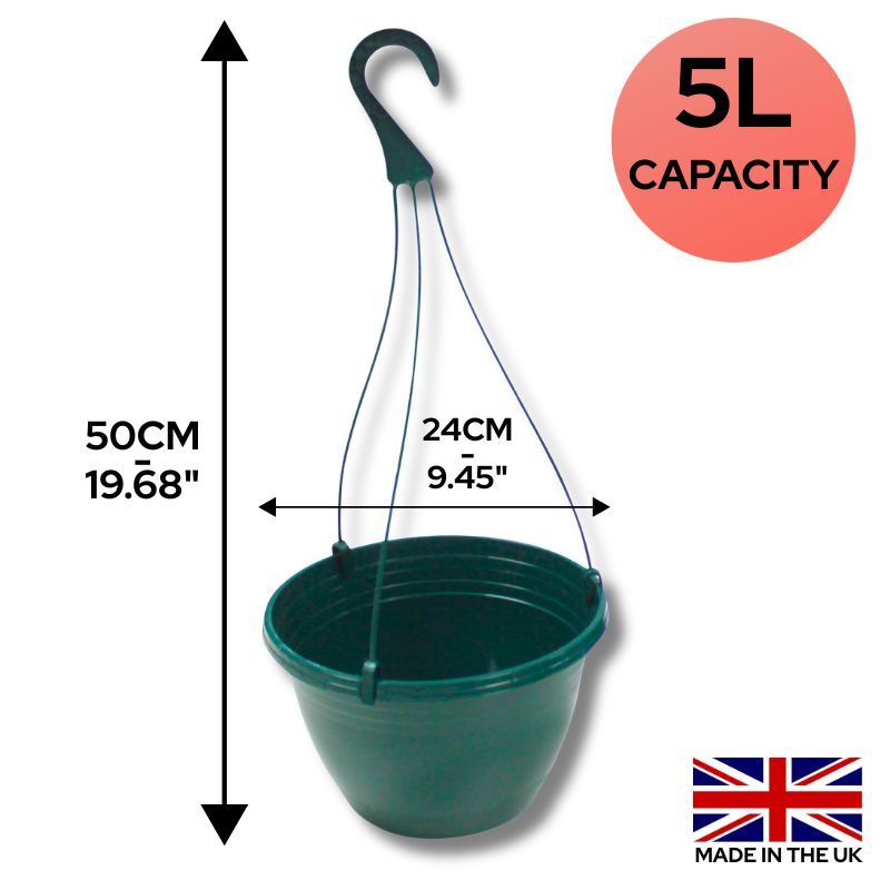 Set of 4 Plastic Hanging Baskets Dark Green - 5L Pots With Drainage Holes. Made in the UK From Recycled Plastics suitable for Flowers, Vegetables, Plants with hooks and pots. Easy Hanging, Indoor and Outdoor. Durable.