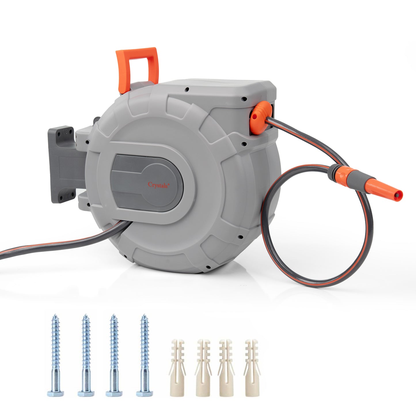 Hose Reel – Wall Mounted Hose Reels for Garden, Retractable, Auto Lock & Auto Rewind Pipe 180°, Includes Wall Fixings & Ready for Outdoor Use with Nozzle, Accessories, Grey