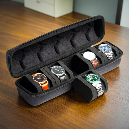 Single Piece 5-Compartment for Watch Storage Solution, Featuring a Cushioned Divider And Handle, Flip-Top Lid, Robust Travel Case, Scratch-Proof Design, Suitable for All Genders, Versatile for Home And Travel Use, Protective Cushioning