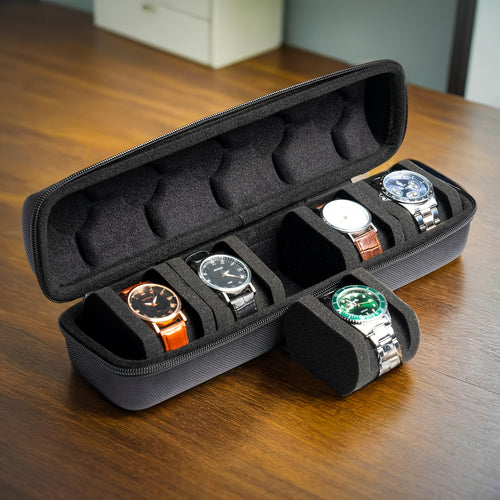 Single Piece 5-Compartment for Watch Storage Solution, Featuring a Cushioned Divider And Handle, Flip-Top Lid, Robust Travel Case, Scratch-Proof Design, Suitable for All Genders, Versatile for Home And Travel Use, Protective Cushioning