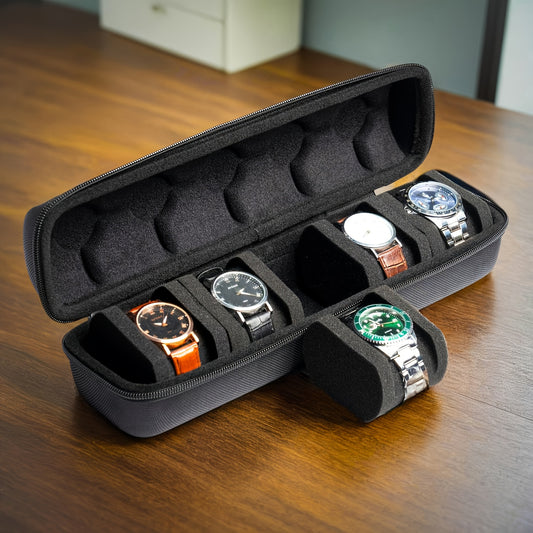 Single Piece 5-Compartment for Watch Storage Solution, Featuring a Cushioned Divider And Handle, Flip-Top Lid, Robust Travel Case, Scratch-Proof Design, Suitable for All Genders, Versatile for Home And Travel Use, Protective Cushioning
