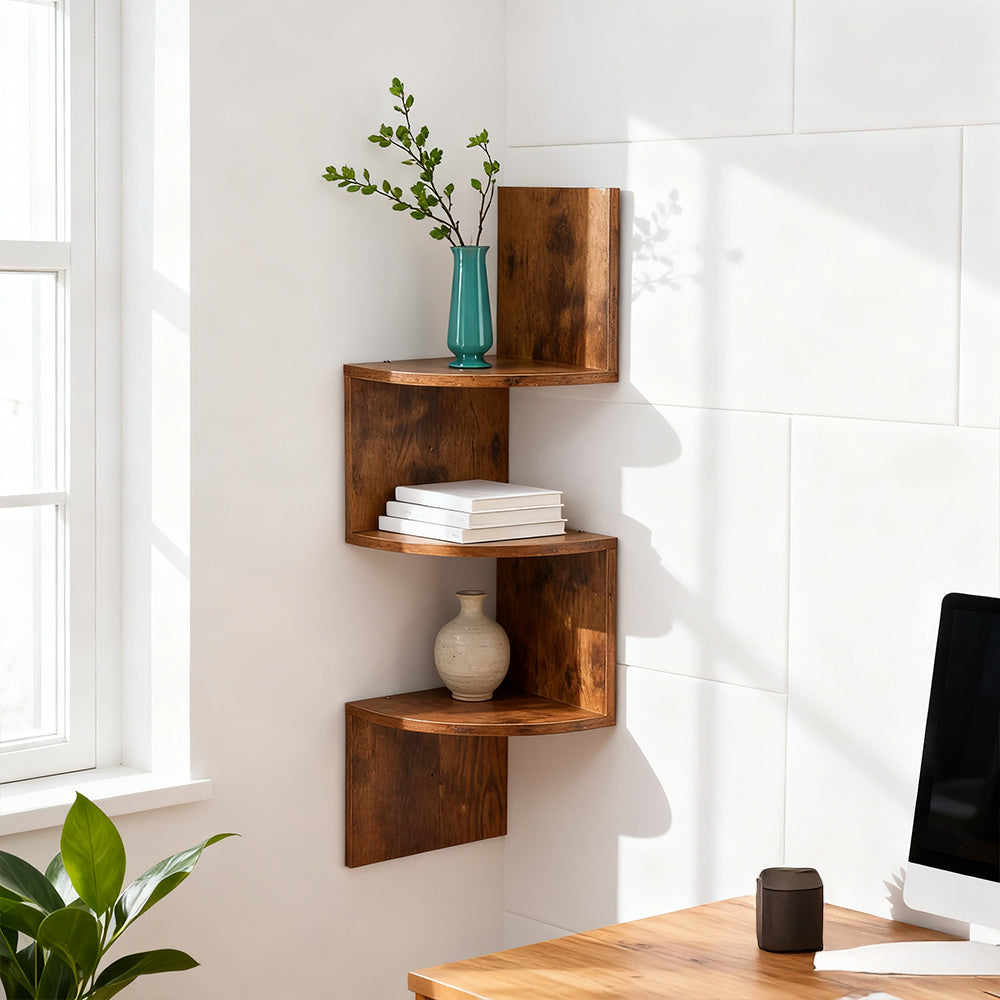 Three-Tier Rustic Corner Wall Shelf with Curved Platforms - product detail 24