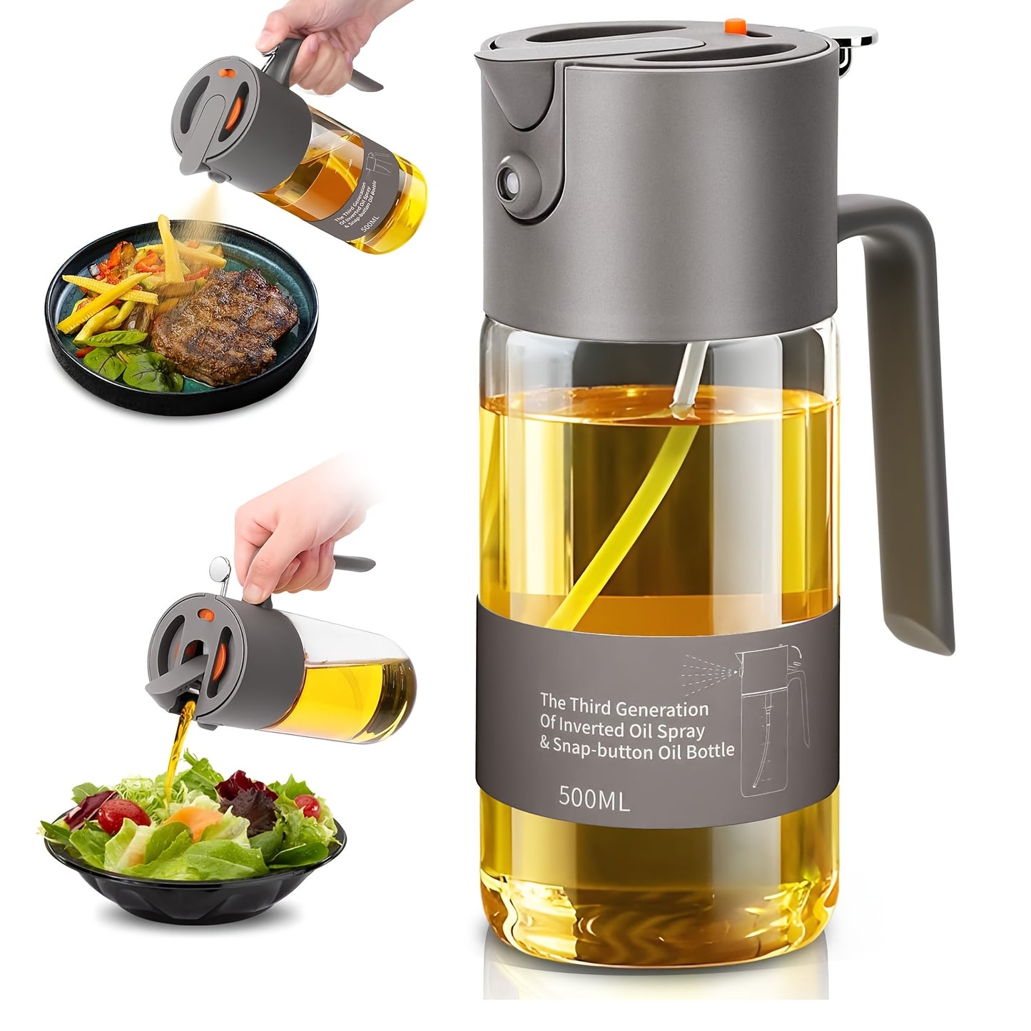 Cooking Oil Sprayer, 2025 Enhanced 500Ml/17Oz Glass Olive Oil Bottle, Dual Function Spray & Pour Design with Portion Control for Air Frying, Salads, Baking, And Barbecuing