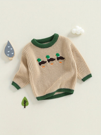 Toddler Boy Girl Fall Sweaters Long Sleeve Round Neck Duck Embroidery Tops Toddler Sweatshirts