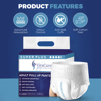 12 x Super Plus Absorbent Pants Women & Men | Adults Nappies | Advanced Absorption and Soft-Stretch Waistband | Adults Pull Up Pants | Waist Size Medium 65-135 cm | (1 Pack of 12)