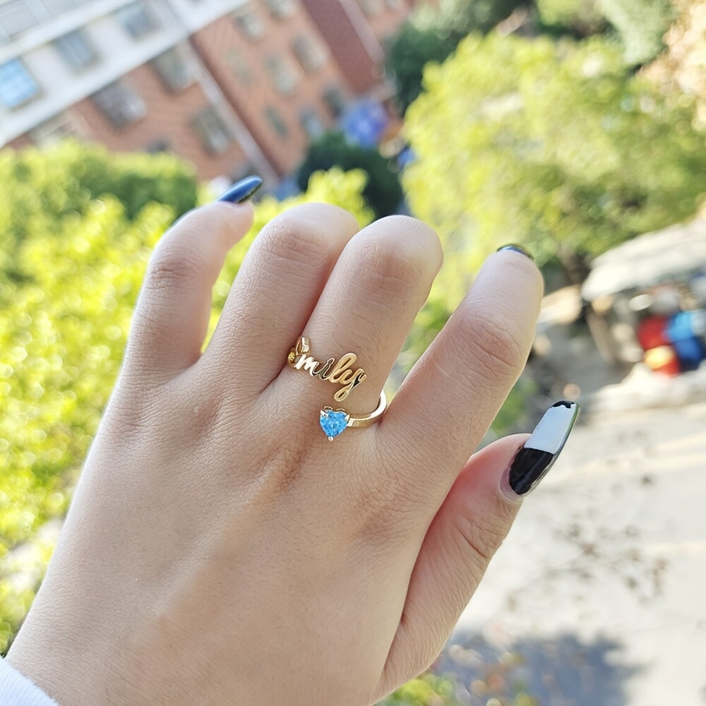 Personalized Heart Birthstone Ring, Custom Birthstone Golden Name Ring, Stainless Steel Elegant Nameplate Open Ring, Best Birthday Gift for Her, Birthstone Jewelry, Light Issues May Cause Color Differences in Birthstones