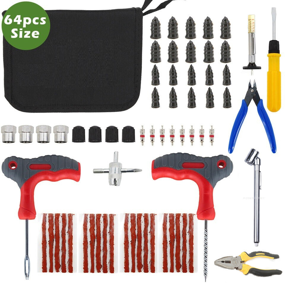 Heavy Duty Tyre Repair Kit - 65pcs All-In-One Universal Puncture Repair Kit for Tubeless Tyre Flats for Car, Truck, Bikes, RV, SUV, ATV, Motorcycle, Tractor, Trailer