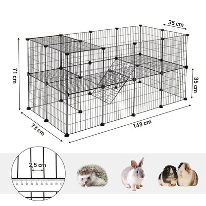 2-Floor Metal Pet Playpen, 36 Grid Panels, Customisable Cage Enclosure for Small Animals, Guinea Pigs Hamster Runs, Rabbit Hutches, Includes Mallet, Indoor, 143 x 73 x 71 cm, White/Black