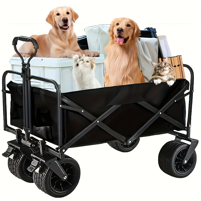 Heavy-Duty 199.58KG Capacity Collapsible Utility Wagon with All-Terrain Tank Brake Wheels, Foldable Steel Frame Beach Cart for Camping, Picnics, Garden & Urban Agriculture - No Power Needed, Foldable Beach Wagon, Picnic Accessories Hauling, Sleek Rugged D