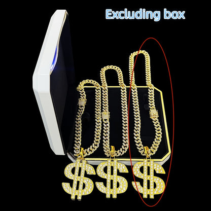 Large and Heavy US Dollar Symbol Pendant,  18K Gold Plated Alloy 18K Gold Plated-plated Cuban Chain Necklace with 12mm Full, Men's Hip-hop Style Ring Combination
