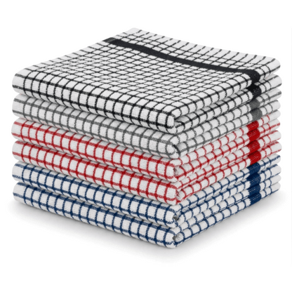 Pack of 6 Large Tea Towels 40x60cm – 100% Cotton Luxury Check Soft Kitchen Towels – Highly Absorbent Dish Cloths – Durable Washable Tea Towels for Drying Dishes, Cleaning, Cooking, Household, Restaurant, Bar, Café, Catering, Commercial & Professional Kitc