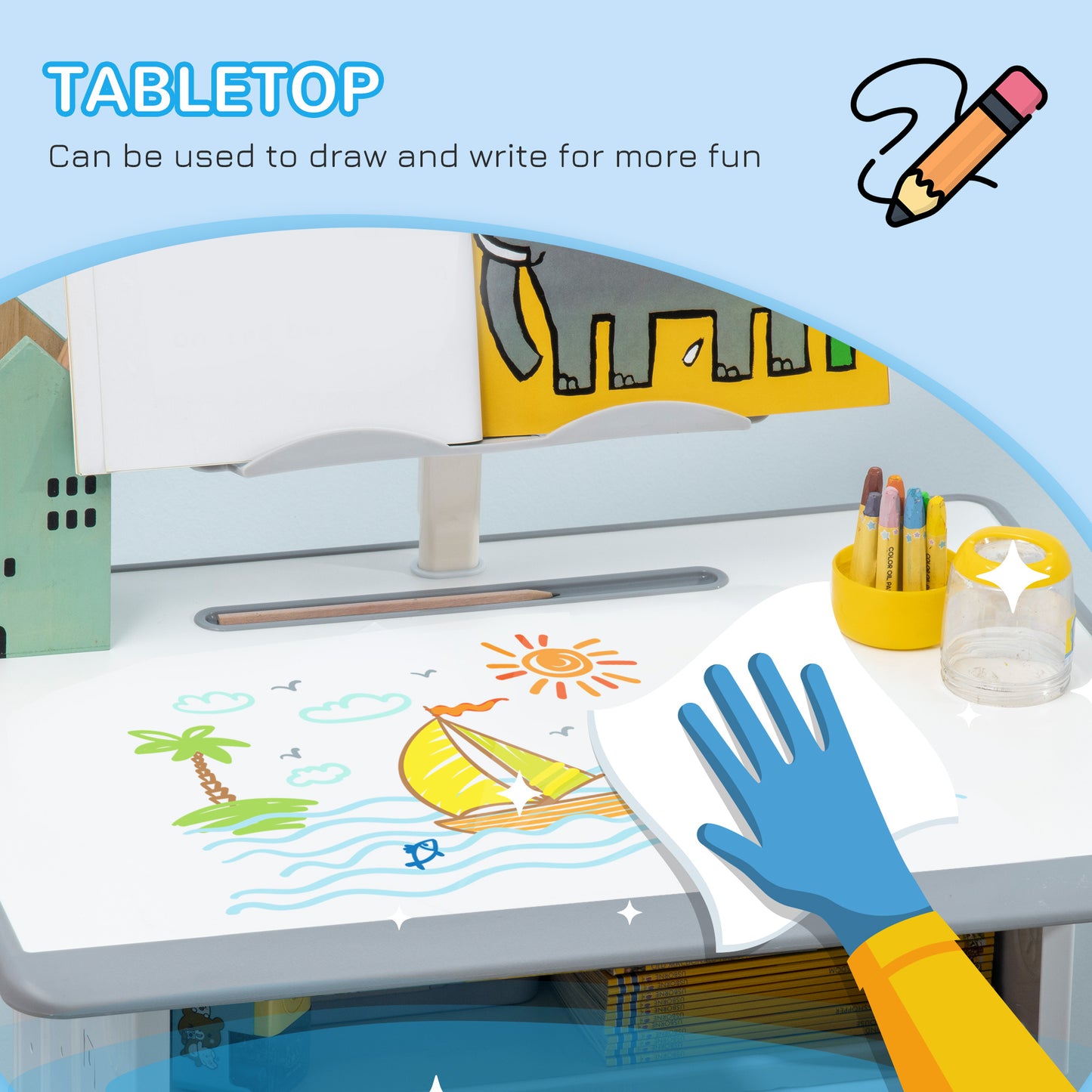 Kids Desk and Chair Set Adjustable Height Study Table Set w/Drawer, Book Stand, Pen Slot