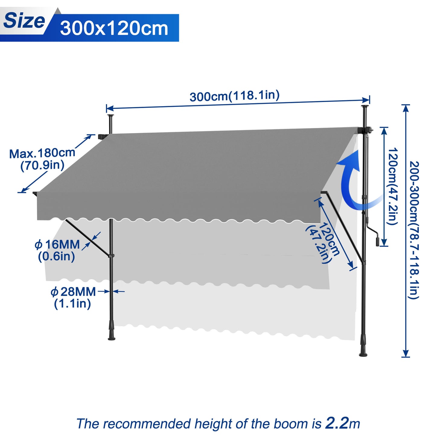 Clamp Awning With Hand Crank Balcony Awning No Drilling Awning Retractable Sun Protection Made Of Polyester UV-Resistant And Height Adjustable Patio Canopy, Dark Grey/Light Grey, 200/250/300/350/400 X 120 Cm