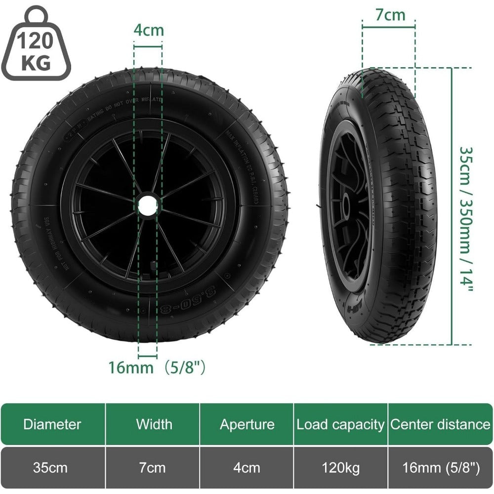 14 Inch Wheelbarrow Wheel Solid Tyre 350mm Heavy Duty 120kg Replacement Wheel for Garden Trolley Barrow Cart 16mm Axle UK