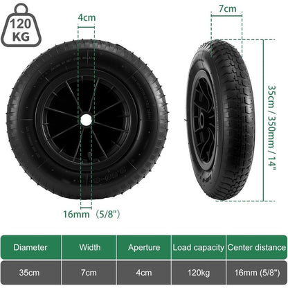14 Inch Wheelbarrow Wheel Solid Tyre 350mm Heavy Duty 120kg Replacement Wheel for Garden Trolley Barrow Cart 16mm Axle UK
