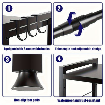 Extendable Black Kitchen Rack: 2 Tier Structure, 40 - 65cm, with 6 Hooks for Microwave Oven Holder, Utility Racks, Utility Racks