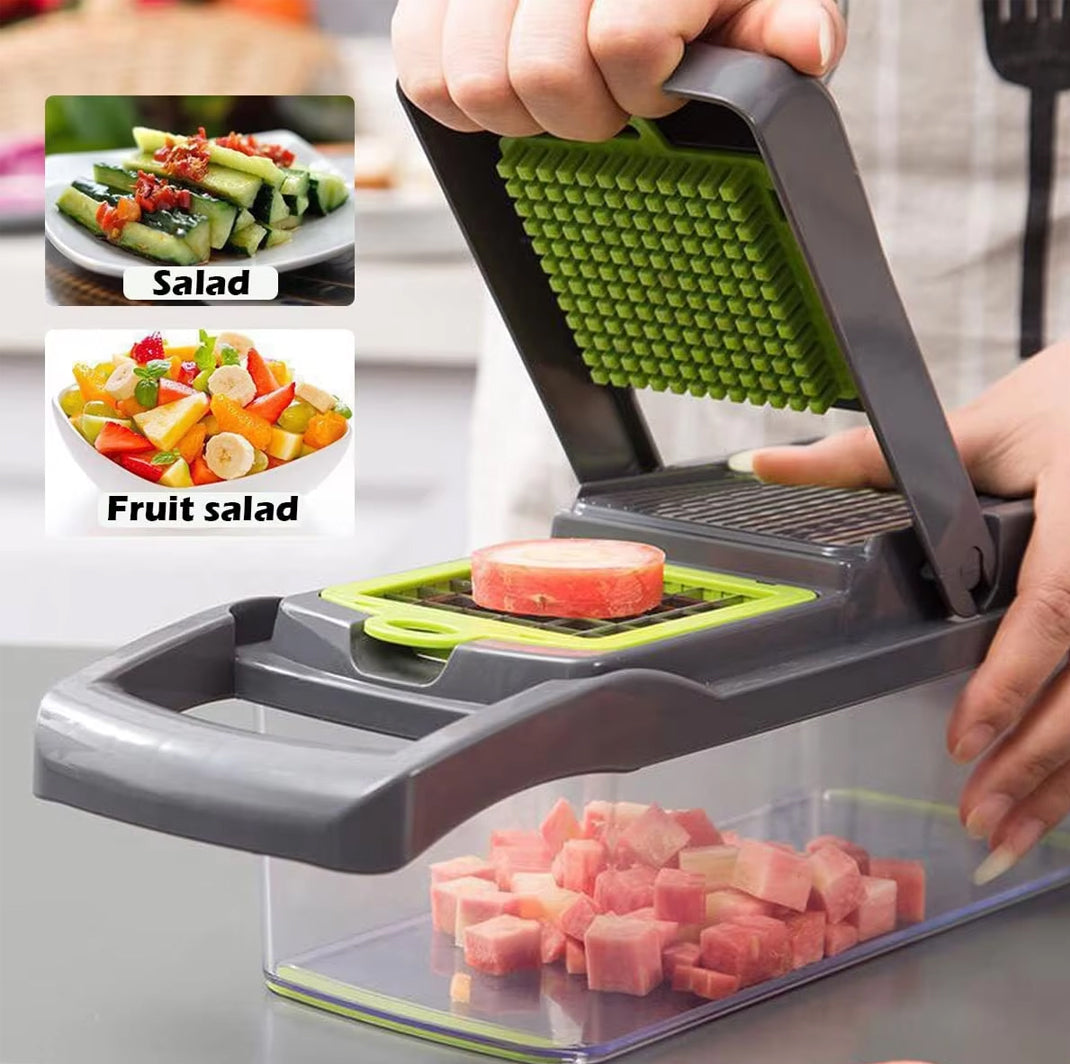 15-in-1 Fruit & Vegetable Grater Set - Kitchen Multi-Tool with 8 Interchangeable Blades (Gray Green) - Includes Dicer/Shredder/Slicer Functions