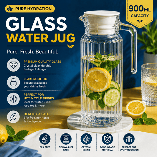 900ml Glass Water Jug with Lid – Premium Ribbed Glass Pitcher for Water, Juice, Iced Tea & Cold Drinks, Leakproof Carafe, Dishwasher Safe