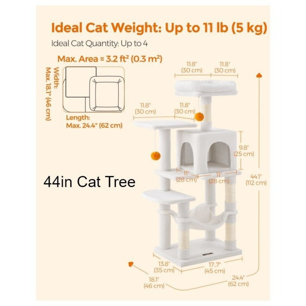 112cm Cat Tree Multi-Level Plush Tower Condo with 4 Scratching Posts, Hammock, Cave & Platforms – Stair-Step Design with Hanging Toys | Easy Assembly Indoor Cat Furniture | Pink White Beige Grey | UK