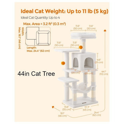 112cm Cat Tree Multi-Level Plush Tower Condo with 4 Scratching Posts, Hammock, Cave & Platforms – Stair-Step Design with Hanging Toys | Easy Assembly Indoor Cat Furniture | Pink White Beige Grey | UK