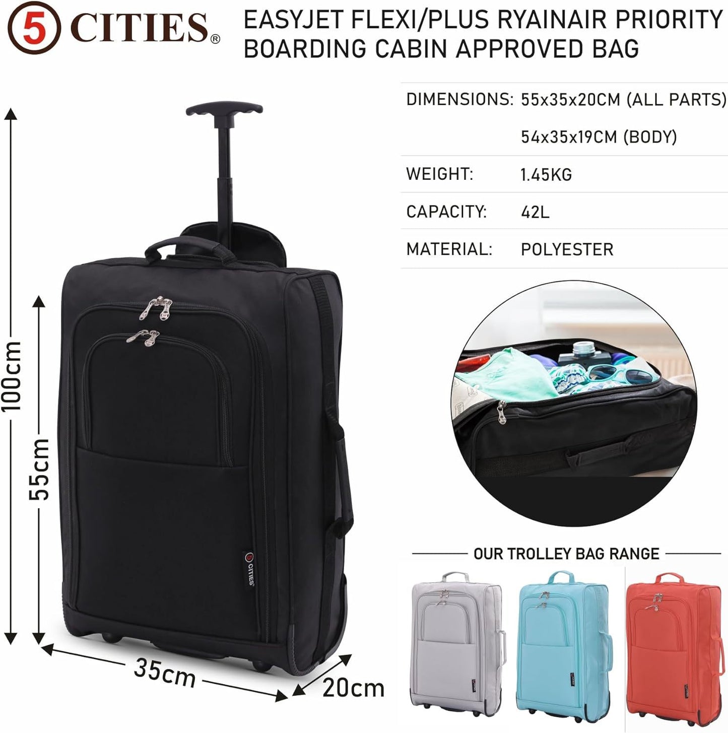 5 Cities 21” / 55cm Lightweight Carry On Travel Cabin Trolley Bag with Wheels, Cabin Approved Hand Luggage, 2 Year Warranty – Black