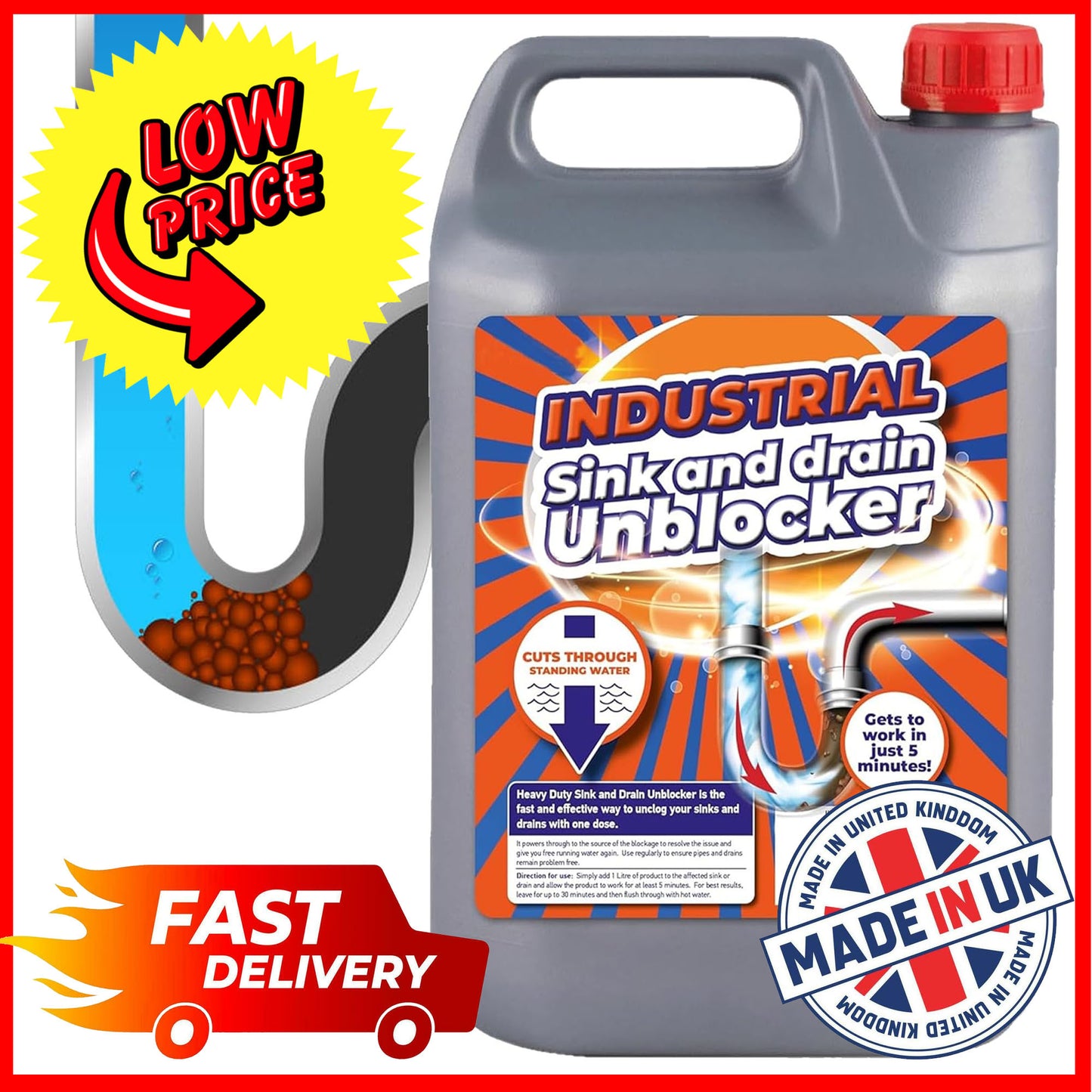 5 Litre Super Strength Industrial Sink & Drain Unblocker Cuts Through Standing Water