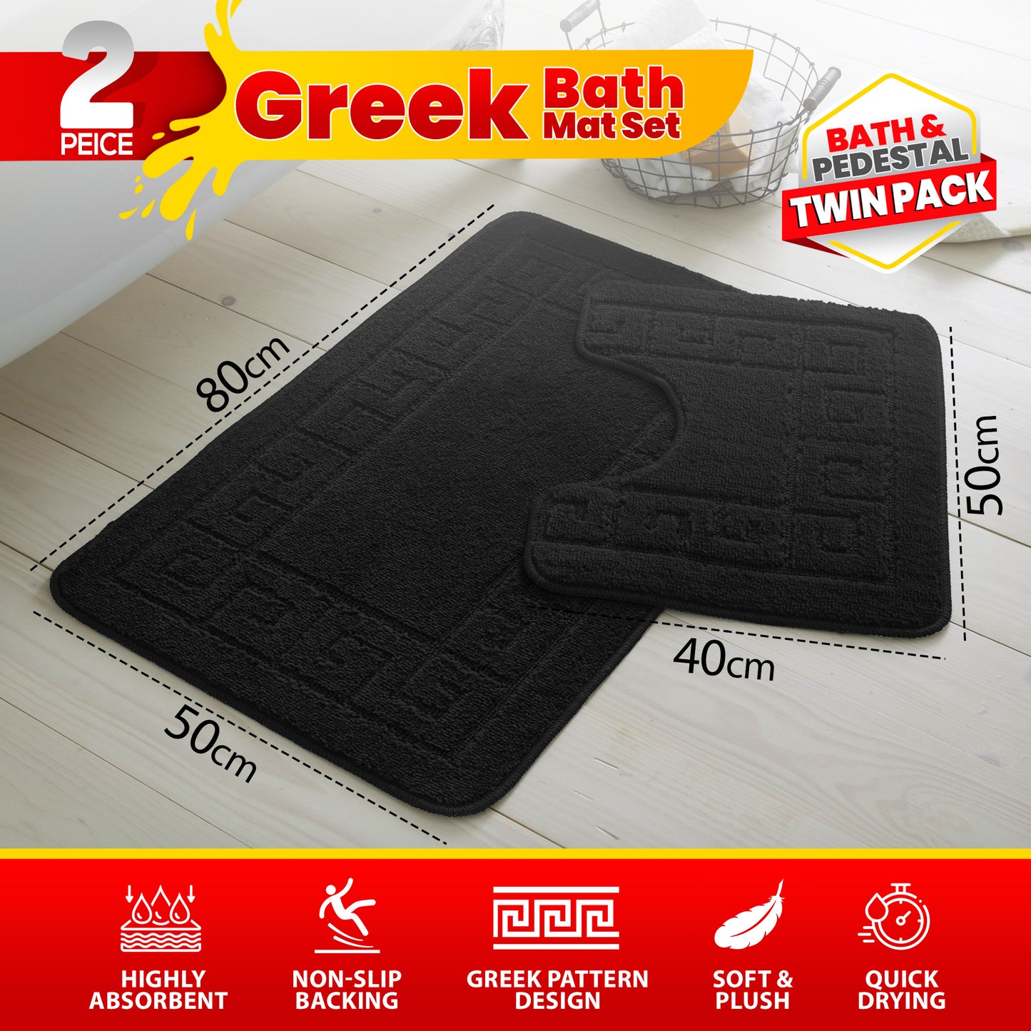 GC GAVENO CAVAILIA 2 Piece Greek Pattern Bathroom Mat Set | Soft & Plush 100% Polyester Bath Mat and Pedestal Rug | Non-Slip Backing, Highly Absorbent, Quick Drying |Machine Washable Bathroom Rugs | Ideal for Everyday Use | LOCAL WAREHOUSE | UK BRAND