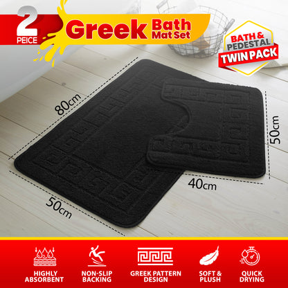 GC GAVENO CAVAILIA 2 Piece Greek Pattern Bathroom Mat Set | Soft & Plush 100% Polyester Bath Mat and Pedestal Rug | Non-Slip Backing, Highly Absorbent, Quick Drying |Machine Washable Bathroom Rugs | Ideal for Everyday Use | LOCAL WAREHOUSE | UK BRAND