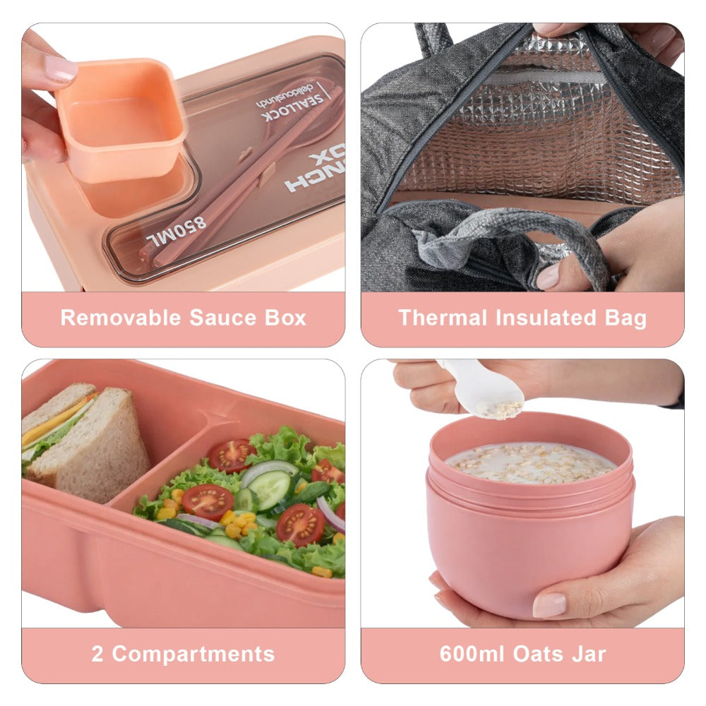 Bento box lunch set, leak proof meal preparation container, with insulated lunch bag and utensils, portable school office picnic travel lunch box