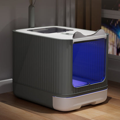 Enclosed Cat Litter Box with UV Sterilisation & Deodoriser | Large Hooded Cat Toilet with Drawer Tray & Scoop | Anti-Splash Odour Control Litter Tray | 44.5x36.5x34.5cm | Grey