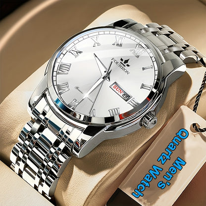 1pc FOURRON Brand New Trendy Fashion Men'S Quartz Watch Stainless Steel Strap with Day Date, Roman Numeral Disc Multi-Function Luminous Luxury Men'S Wristwatches, Friends And Relatives Birthday Gifts, Holiday Party Gifts Preferred Choice