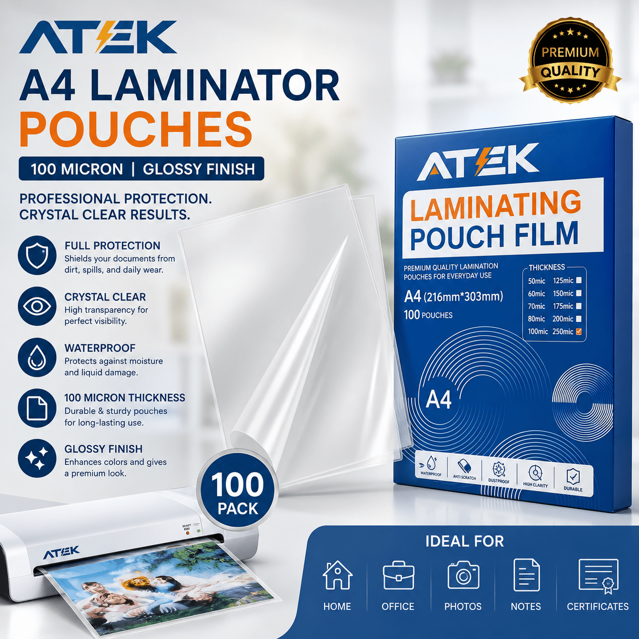 ATEK A4 Laminator Pouches 100 Pack – 100 Micron Laminating Sheets a4 Glossy Finish, Crystal Clear, Full Protection, Waterproof a4 laminator - Laminate Pouches a4 Ideal for Home Office Photos and Notes