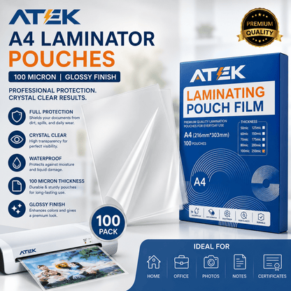 ATEK A4 Laminator Pouches 100 Pack – 100 Micron Laminating Sheets a4 Glossy Finish, Crystal Clear, Full Protection, Waterproof a4 laminator - Laminate Pouches a4 Ideal for Home Office Photos and Notes