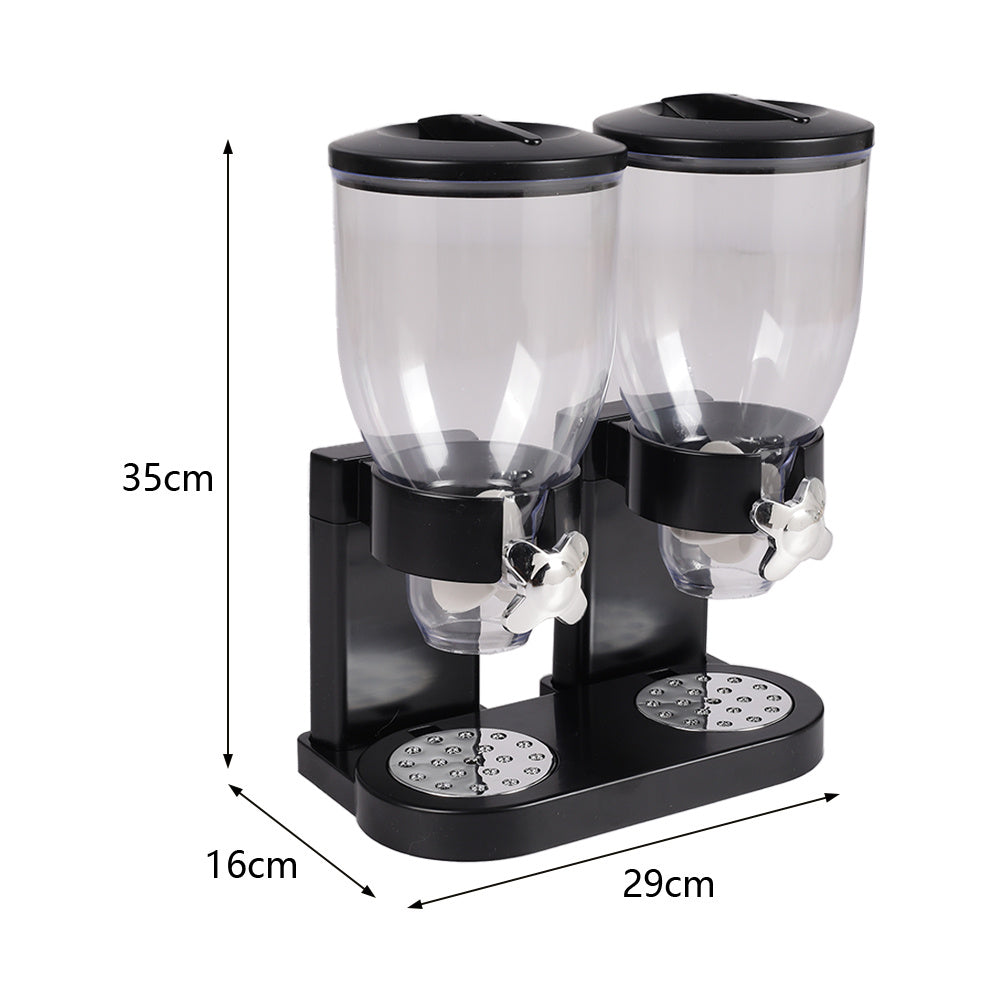 Black Plastic Dual-Chamber Grain Dispenser, Kitchen Oats and Snacks Storage Container, Breakfast Cereal Dispenser, 4L Large Capacity