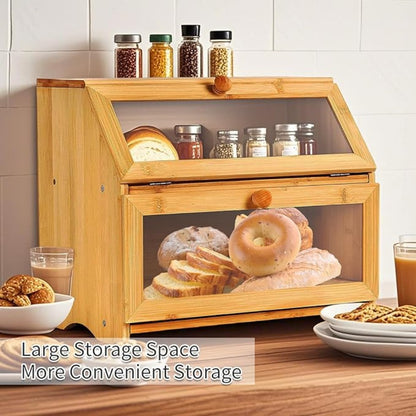 Double Layer Bamboo Bread Box Bread Bin with Transparent Window, Suitable for Kitchen and Dining Room, Pantry Organization Keeps Bread, Fruits, Snacks Fresh, Natural/Black