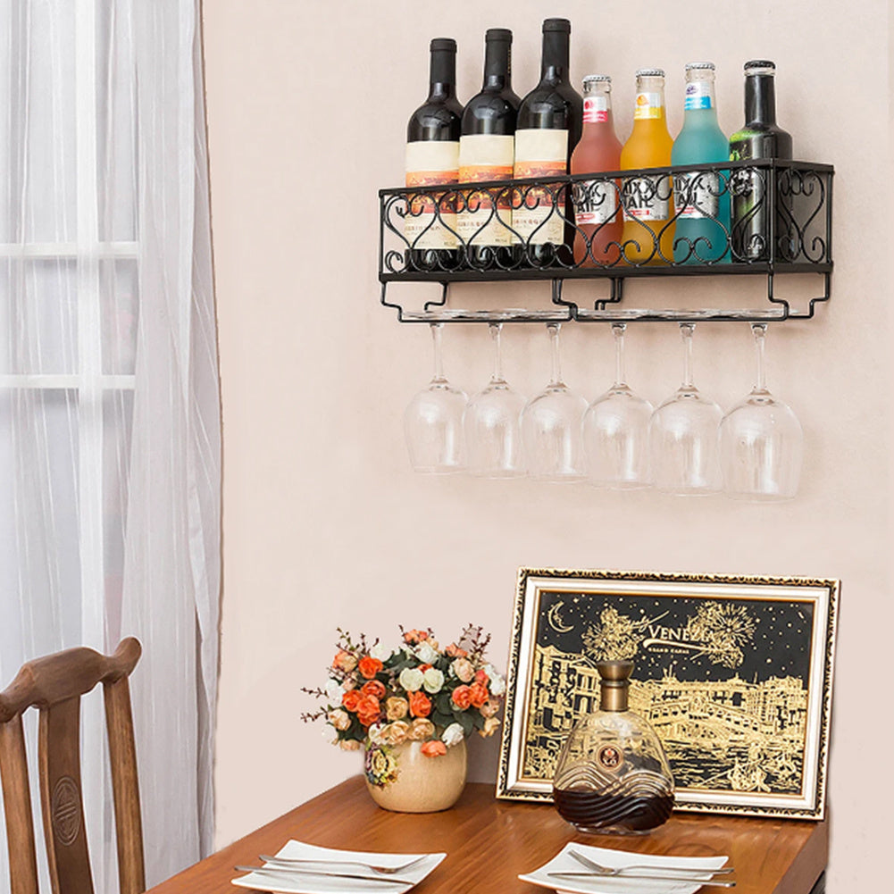Wall Mounted Wine Rack with Glass Holder Metal Wine Shelf Champagne Bottle Holder Hanging Rustic Wine Holder Floating Wine Shelf for Kitchen 50x10x17cm