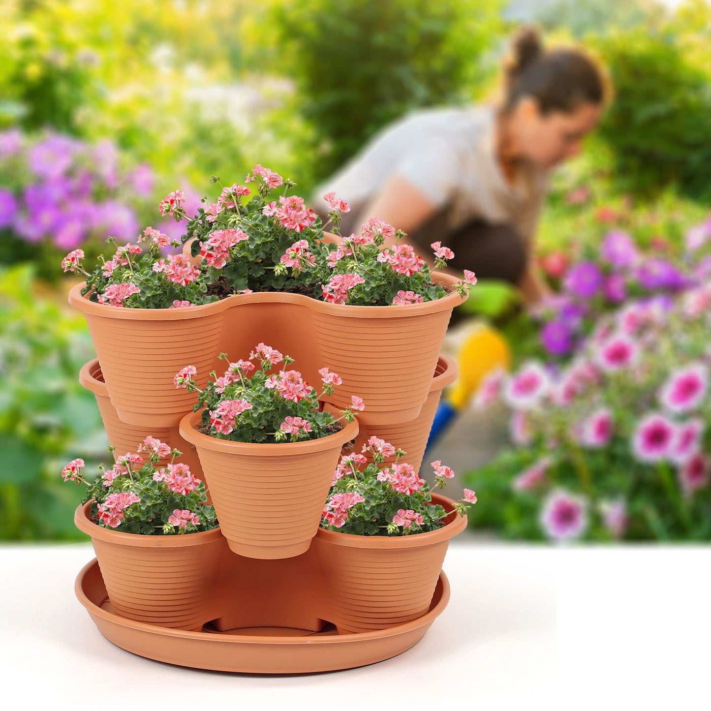 Taylor & Brown 3 Tier Stackable Strawberry, Herb, Flower, and Vegetable Planter - Vertical Growing Garden Tower Indoor/Outdoor Planters Tri-Pot