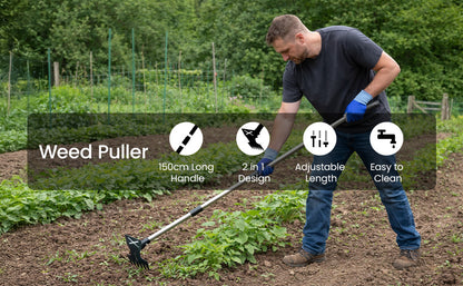 2-in-1 Weed Remover Tool with Telescopic Handle 42–150cm Stand Up Weeder Hoe Cultivator Rake Long Handle Garden Weeding Tool for Lawns, Borders, Raised Beds, Veg Patches
