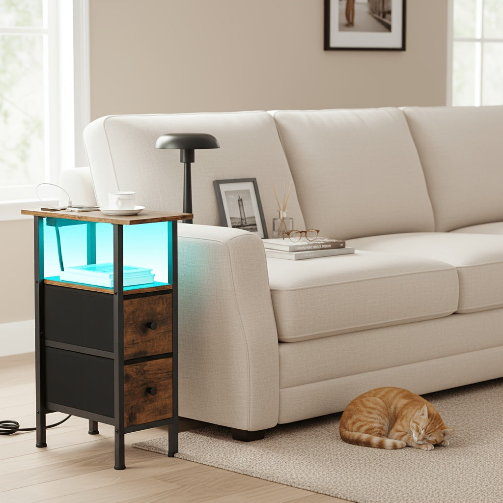 AMHANCIBLE 1/2pcs Narrow Side Table with 2 Fabric Drawers, Open Storage Shelf with Light Strip And Charging Station for Small Space, Metal Frame, Rustic Brown, Black