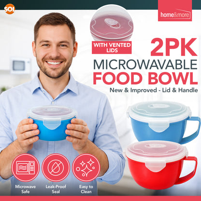 2-8 Pack Microwave Soup Bowl with Lid & Handle | 900ml Soup Mug Cup for Noodles, Porridge & Lunch | Leak Proof Food Container | Microwave-Safe Lunch Bowl with Vented Lid | Dishwasher Safe Portion Control Lunch Box | Reusable Microwavable Soup Mugs