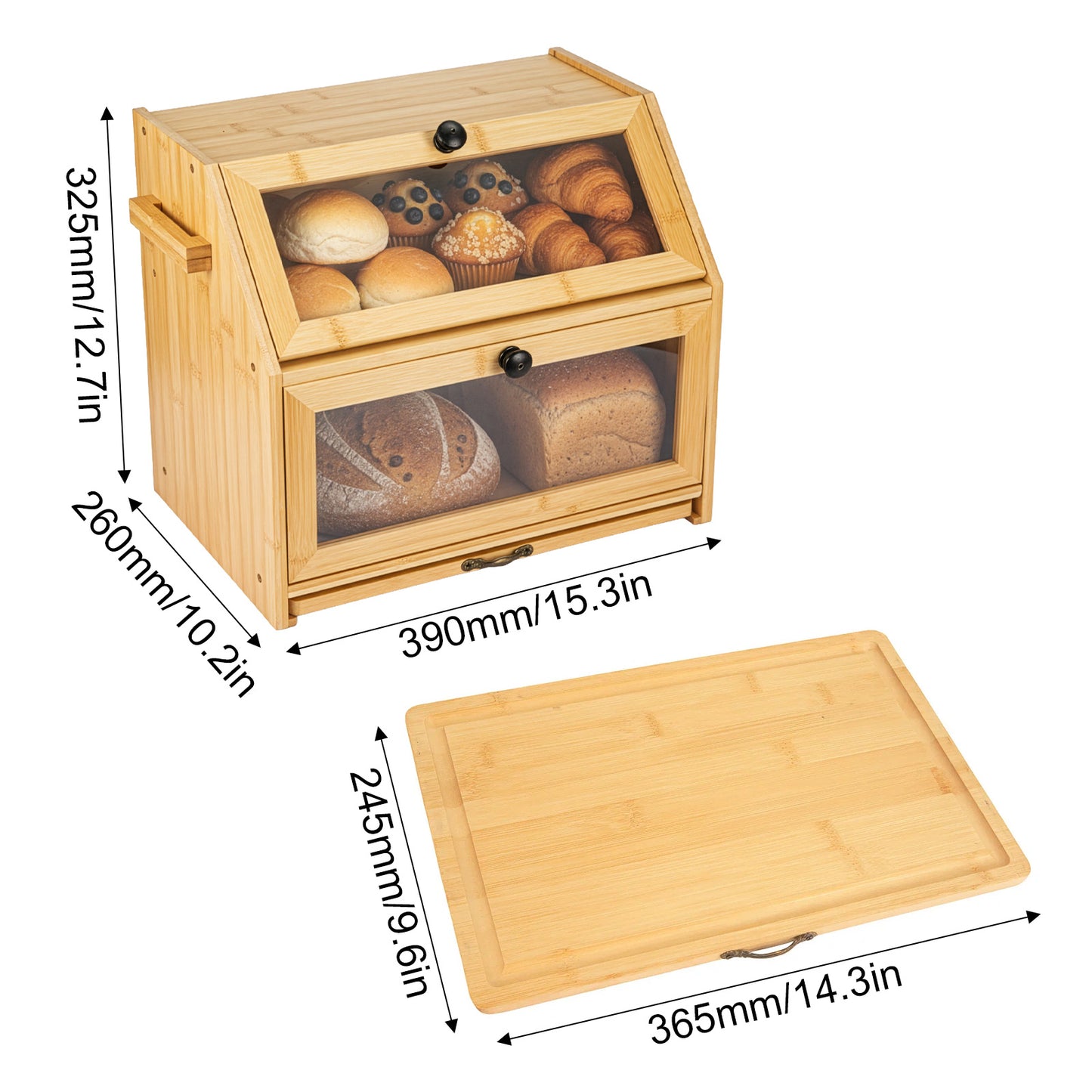 Double Layer Bread Box for Kitchen Counter, 2 Decker Large Wooden Bread Bin, Corner Bread Storage Container with Acrylic Windows, Dry Food Container with Air Vents to Keep Fresh, Self Assembly