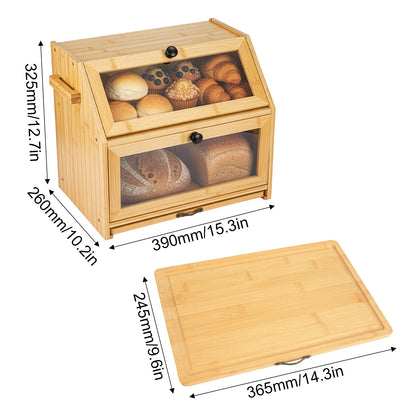 Double Layer Bread Box for Kitchen Counter, 2 Decker Large Wooden Bread Bin, Corner Bread Storage Container with Acrylic Windows, Dry Food Container with Air Vents to Keep Fresh, Self Assembly