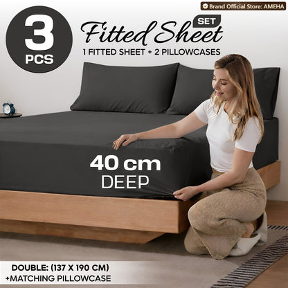 3pcs 40cm Extra Deep Fitted Sheet – Solid Color Soft & Comfortable Bed Sheet with 2pcs Matching Pillowcases, Breathable Fabric Soft Brushed Microfiber Bedding, Machine Washable for Home Bedroom, Hotel