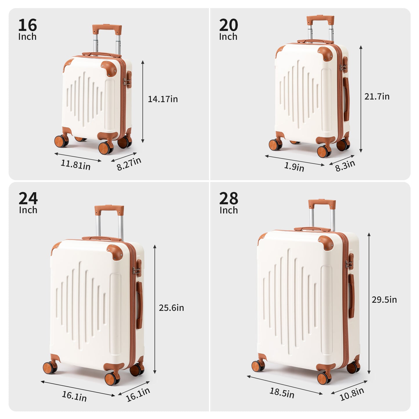 4/5pcs Hard Shell Luggage Set, Expandable & Lightweight Hardside Suitcase With 360° Spinner Wheels (12, 16, 20, 24, 28 Inch) - Stylish White Paired With Brown Luggage