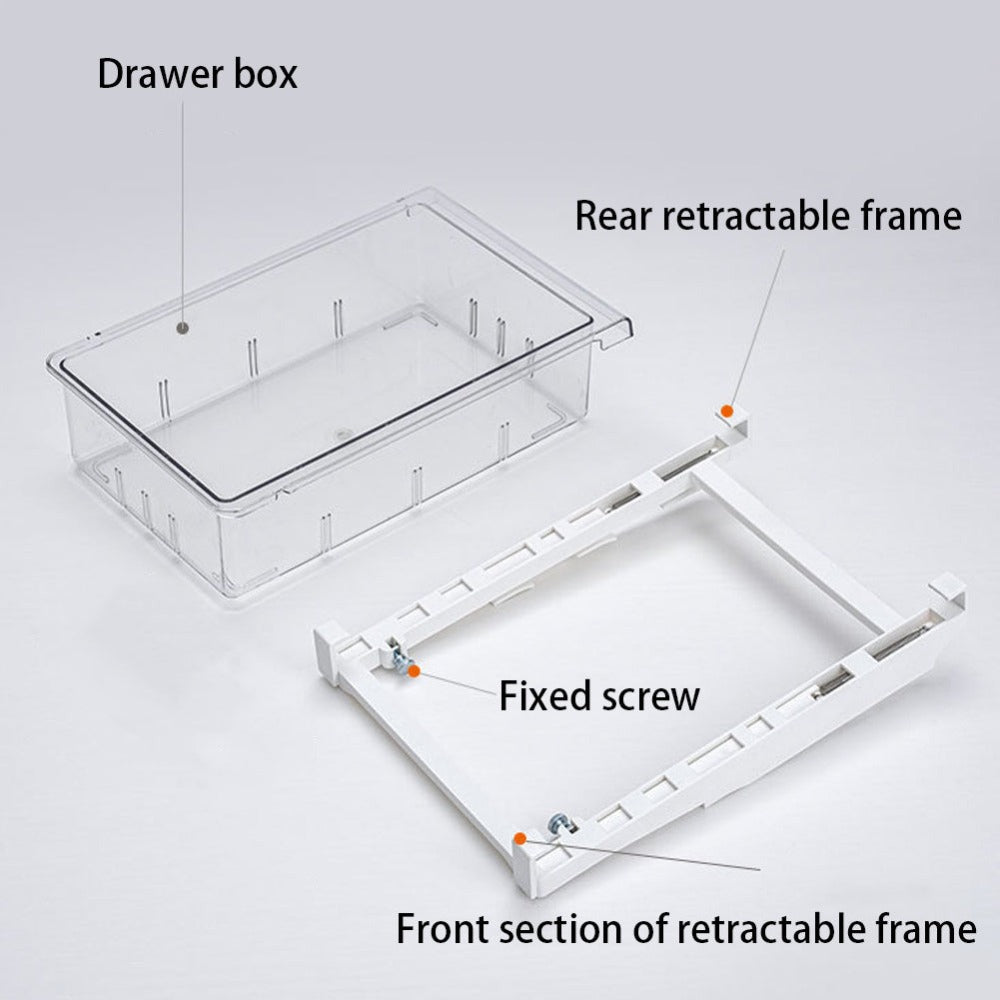 Fridge Organiser Pull-Out Drawer – Clear Under-Shelf Refrigerator Storage Box with Sliding Rail, Stackable Space-Saving Bin for Kitchen Fridge, Freezer & Cabinet, Fits 30-44cm Shelves, 30.5 x 20 x 9.5cm