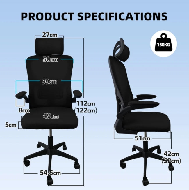 Ergonomic Mesh Office Chair Adjustable Lumbar Support Headrest+ Flip-Up Armrests Black