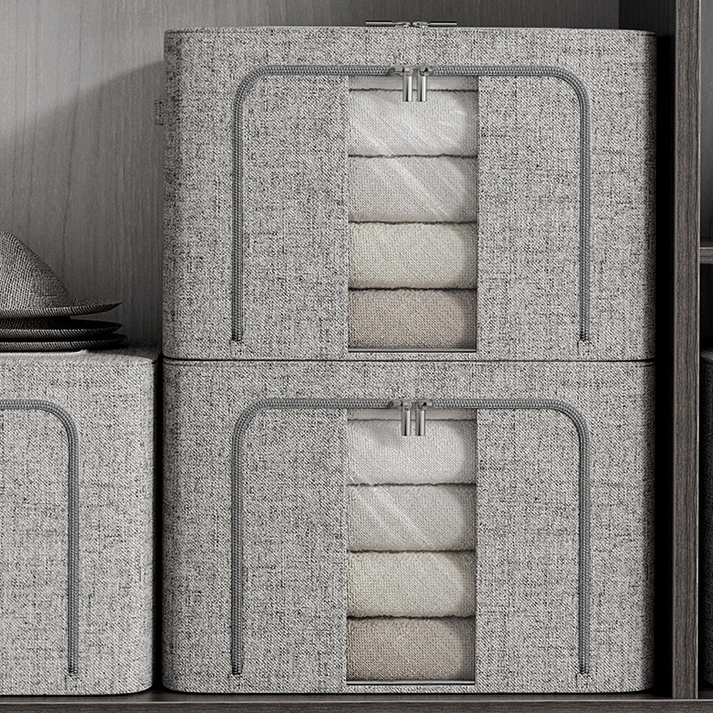 66L Foldable Storage Box with Clear Windows - Extra Thick Cotton Linen Fabric Organizer Bins | Space-Saving Stackable Design for Clothes, Blankets & Bedding Storage (Zipper Closure, Wardrobe Essential)