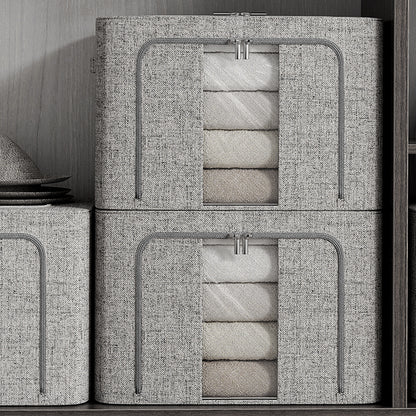 66L Foldable Storage Box with Clear Windows - Extra Thick Cotton Linen Fabric Organizer Bins | Space-Saving Stackable Design for Clothes, Blankets & Bedding Storage (Zipper Closure, Wardrobe Essential)