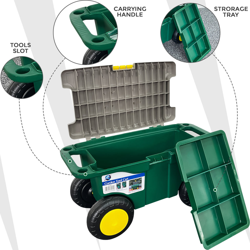 Garden Tool Cart & Seat with Wheels – Portable Rolling Weeding Stool with Built-In Tool Storage & Removable Organiser Tray for Gardening, Weeding & DIY Tasks