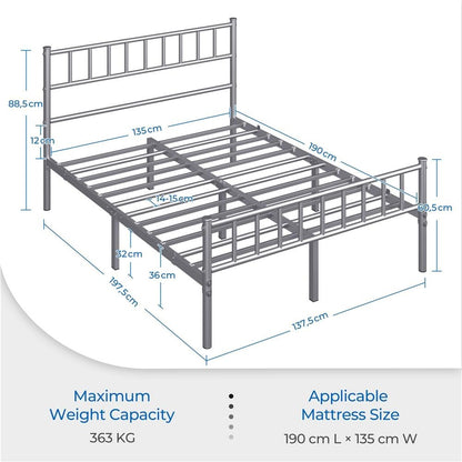 Slatted Headboard Metal Bed Frame Single & Double – 32cm Under-Bed Storage, 204kg Load, No Box Spring Needed, Easy Assembly | Black White Pink Silver